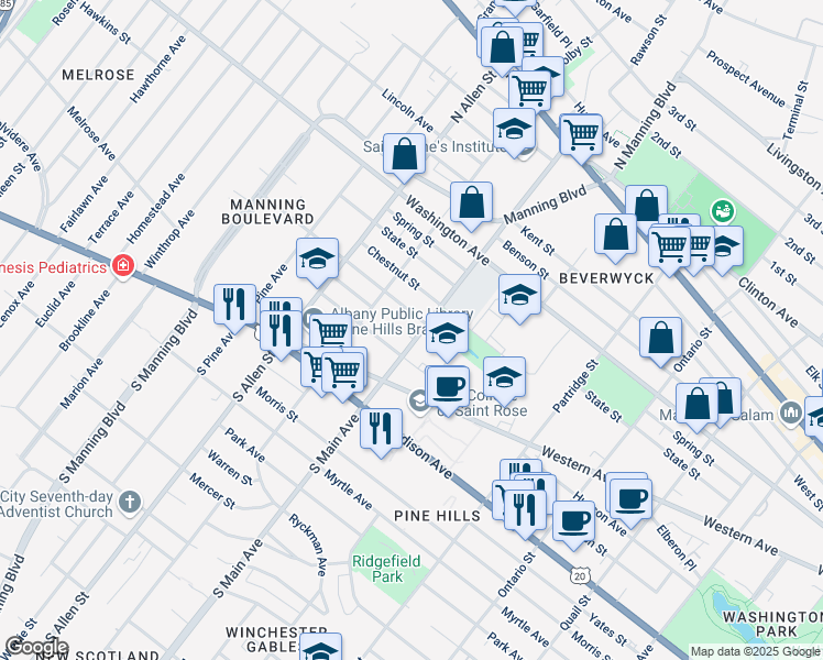 map of restaurants, bars, coffee shops, grocery stores, and more near 796 Chestnut Street in Albany