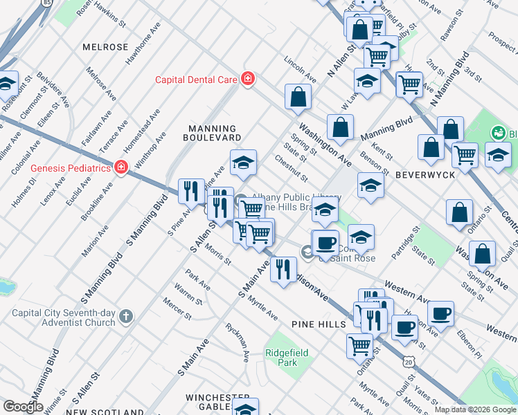map of restaurants, bars, coffee shops, grocery stores, and more near 695 Hudson Avenue in Albany