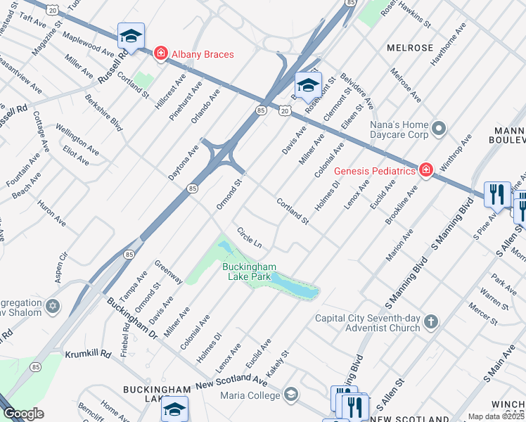 map of restaurants, bars, coffee shops, grocery stores, and more near 44 Milner Avenue in Albany