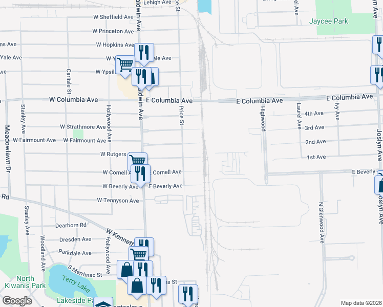 map of restaurants, bars, coffee shops, grocery stores, and more near 97 East Fairmount Avenue in Pontiac