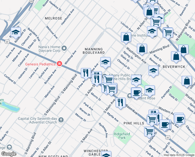 map of restaurants, bars, coffee shops, grocery stores, and more near 21 North Pine Avenue in Albany