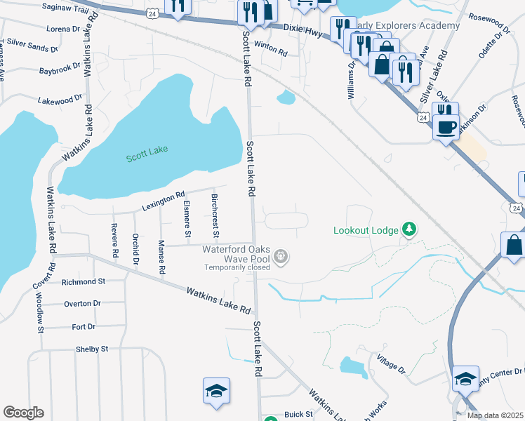 map of restaurants, bars, coffee shops, grocery stores, and more near 1878 Colonial Village Way in Waterford Township