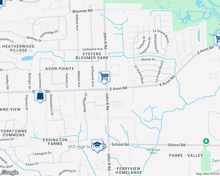 map of restaurants, bars, coffee shops, grocery stores, and more near 885 Balsam Circle in Rochester Hills