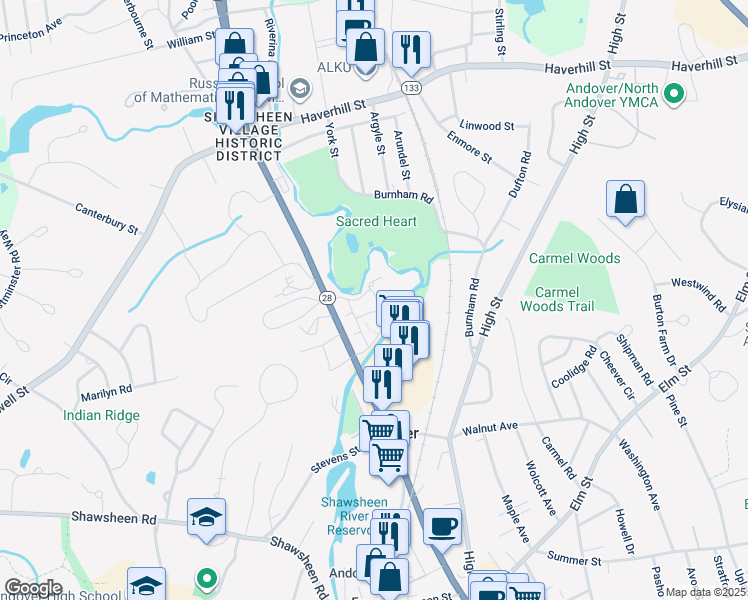 map of restaurants, bars, coffee shops, grocery stores, and more near 100 Washington Park Drive in Andover