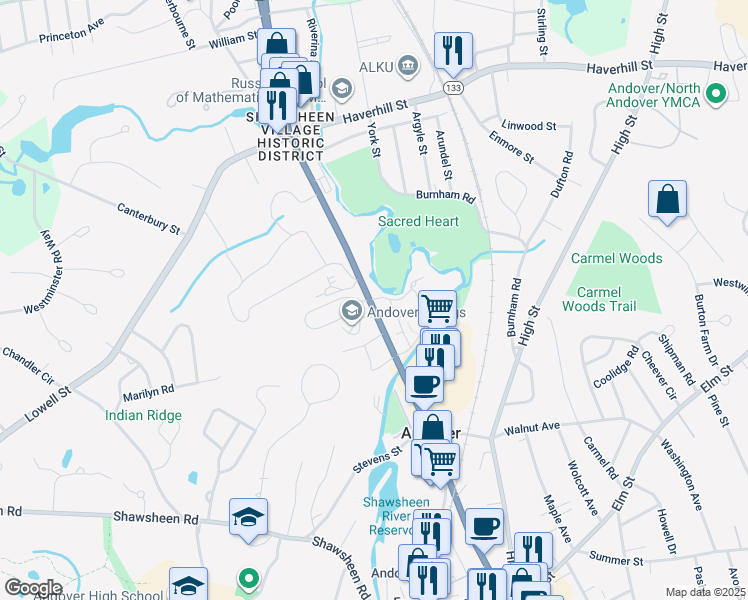 map of restaurants, bars, coffee shops, grocery stores, and more near 90 Washington Park Drive in Andover