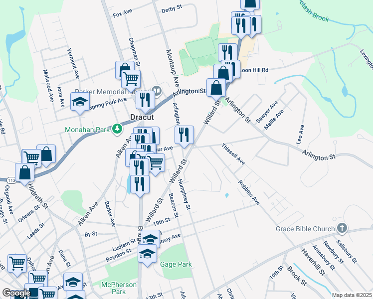 map of restaurants, bars, coffee shops, grocery stores, and more near 1 Houle Avenue in Dracut