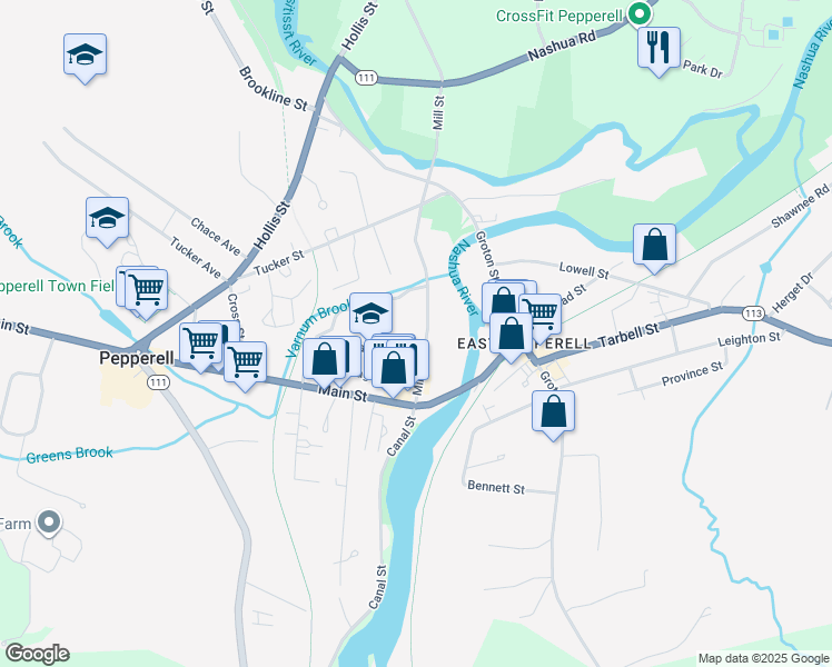 map of restaurants, bars, coffee shops, grocery stores, and more near 16 Mill Street in Pepperell