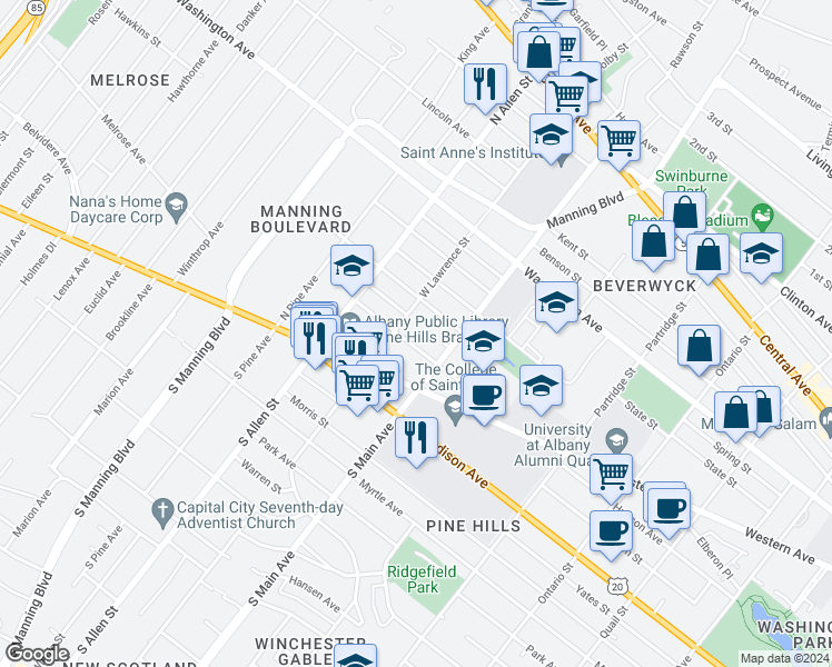 map of restaurants, bars, coffee shops, grocery stores, and more near 814 Lancaster Street in Albany