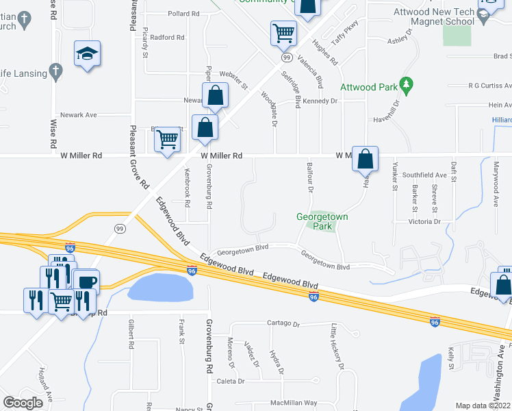 map of restaurants, bars, coffee shops, grocery stores, and more near 2036 Georgetown Boulevard in Lansing