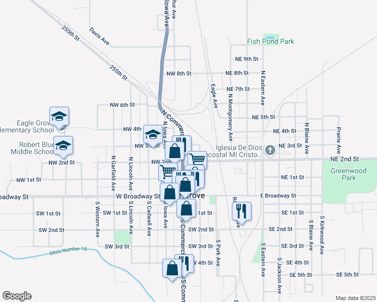 map of restaurants, bars, coffee shops, grocery stores, and more near 400-498 North Commercial Avenue in Eagle Grove