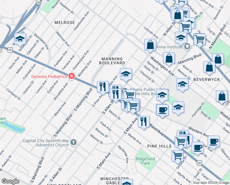 map of restaurants, bars, coffee shops, grocery stores, and more near 21 North Pine Avenue in Albany