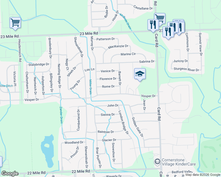 map of restaurants, bars, coffee shops, grocery stores, and more near 21359 Rome Drive in Macomb