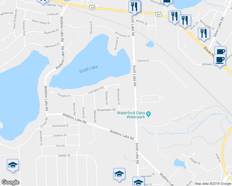 map of restaurants, bars, coffee shops, grocery stores, and more near 1869 Birchcrest Street in Waterford Township