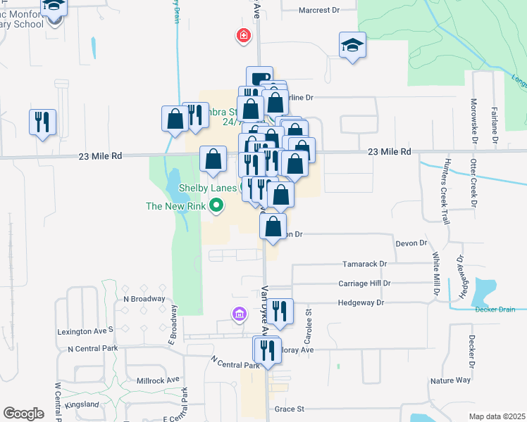 map of restaurants, bars, coffee shops, grocery stores, and more near 50710 Van Dyke Avenue in Macomb County
