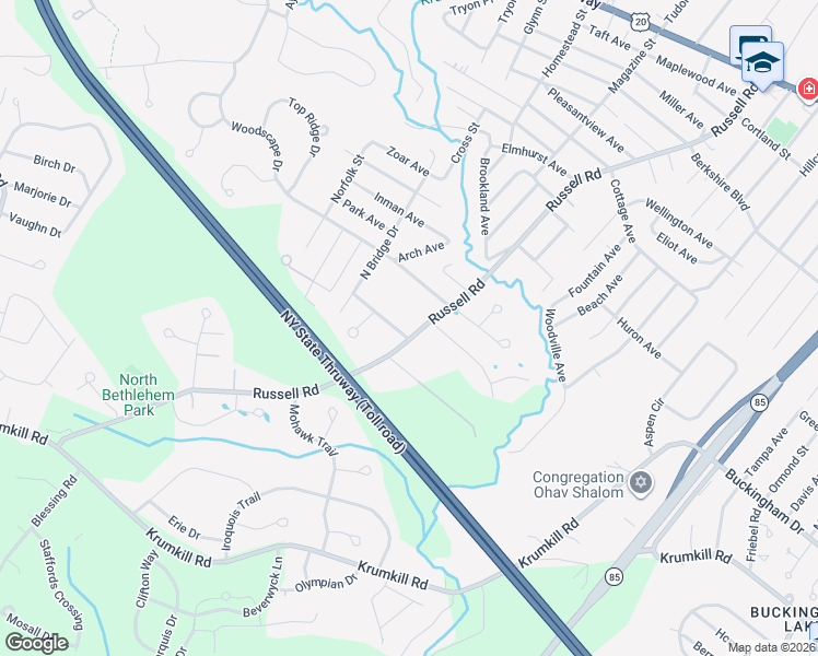 map of restaurants, bars, coffee shops, grocery stores, and more near 430 Russell Road in Albany