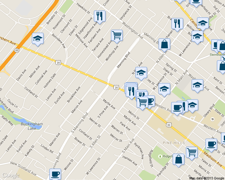 map of restaurants, bars, coffee shops, grocery stores, and more near 586 Western Avenue in Albany
