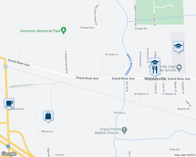 map of restaurants, bars, coffee shops, grocery stores, and more near 4675 East Grand River Road in Webberville