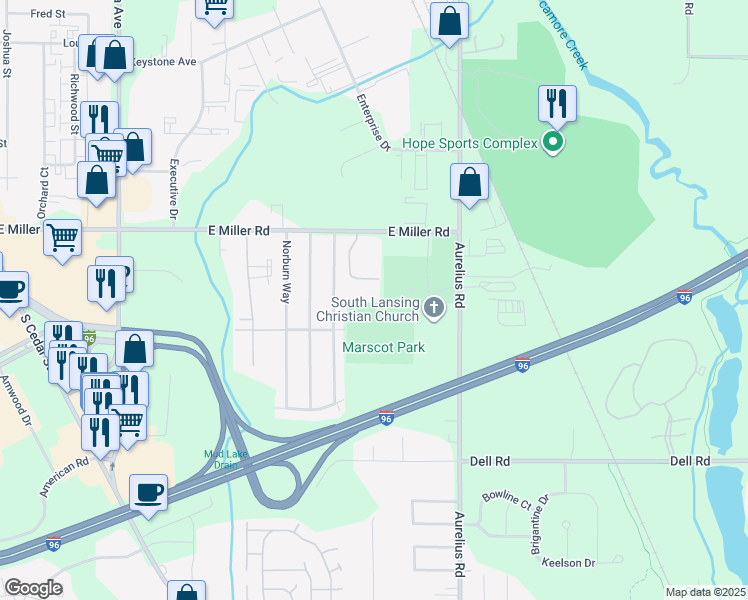 map of restaurants, bars, coffee shops, grocery stores, and more near 1743 Maisonette Drive in Lansing