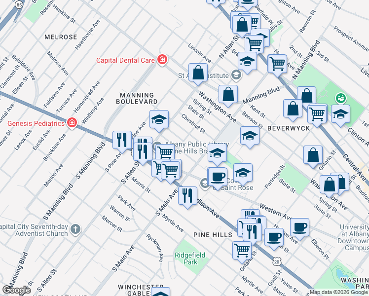 map of restaurants, bars, coffee shops, grocery stores, and more near 671 Hudson Avenue in Albany