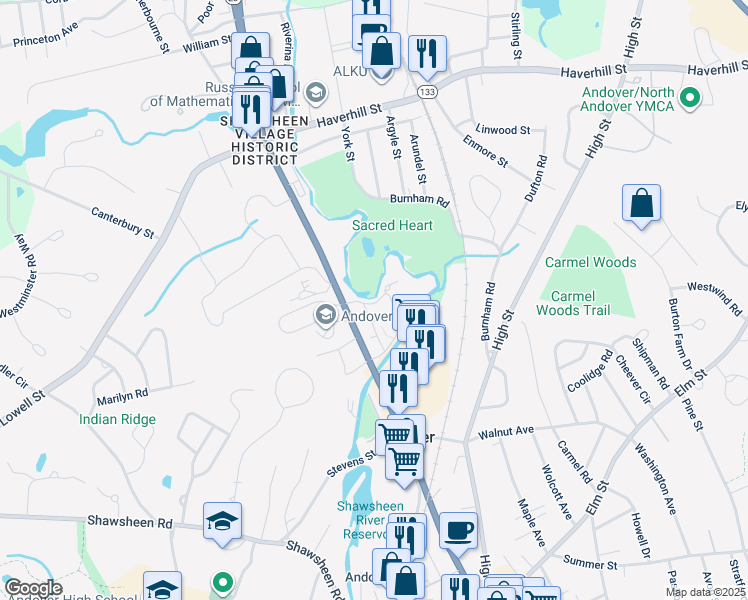 map of restaurants, bars, coffee shops, grocery stores, and more near 90 Washington Park Drive in Andover