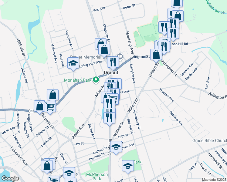 map of restaurants, bars, coffee shops, grocery stores, and more near 17 Elise Avenue in Dracut
