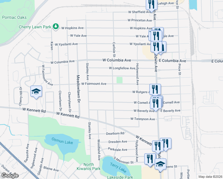 map of restaurants, bars, coffee shops, grocery stores, and more near 187 West Fairmount Avenue in Pontiac