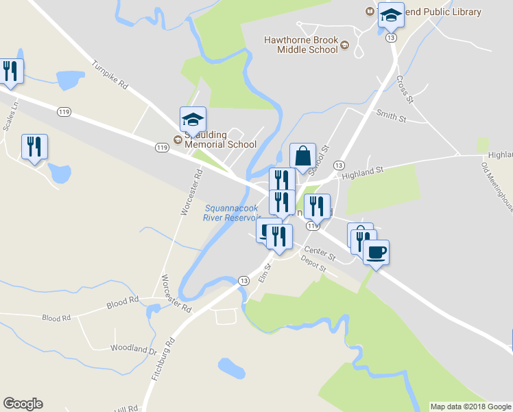 map of restaurants, bars, coffee shops, grocery stores, and more near 3 Riverbank Terrace in Townsend