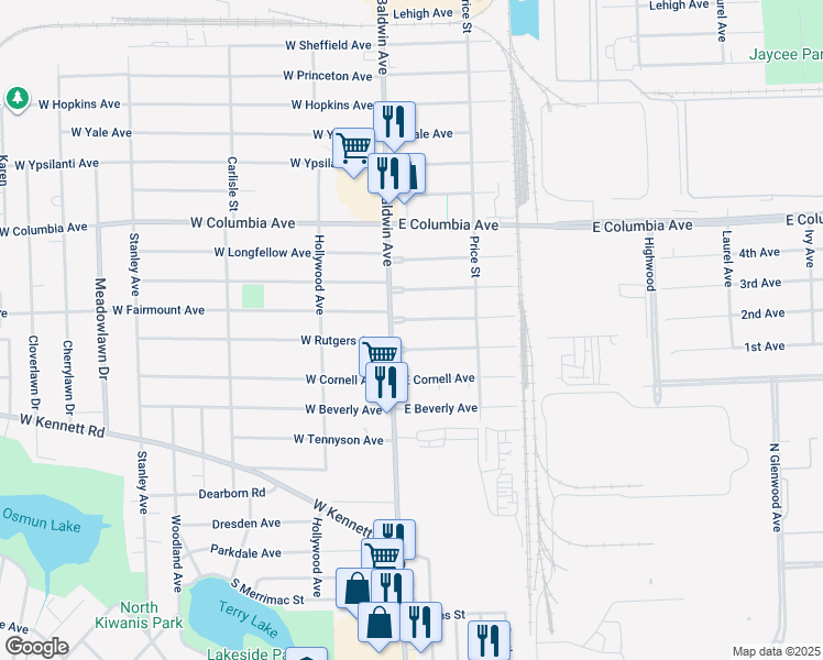 map of restaurants, bars, coffee shops, grocery stores, and more near 18 East Fairmount Avenue in Pontiac
