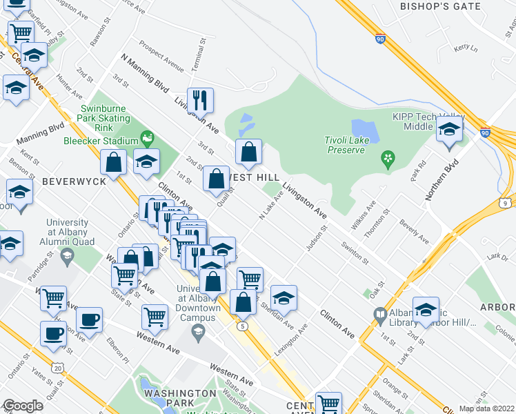 map of restaurants, bars, coffee shops, grocery stores, and more near 427 2nd Street in Albany