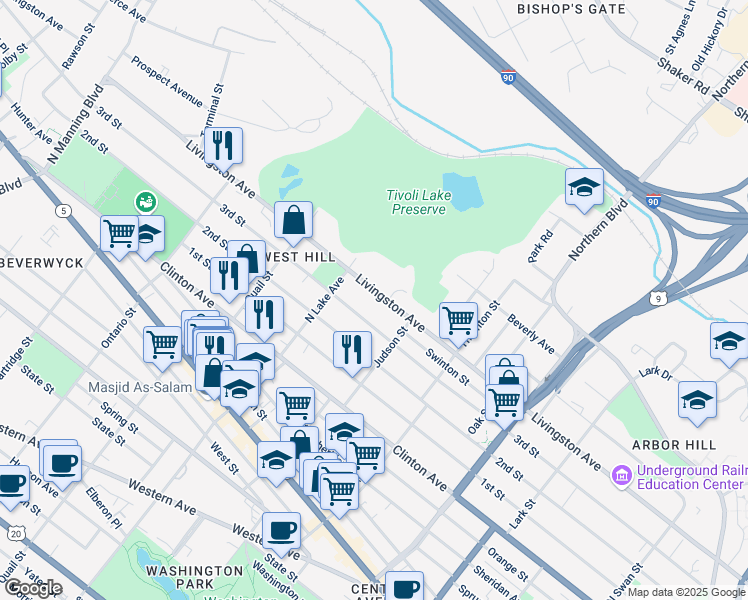 map of restaurants, bars, coffee shops, grocery stores, and more near in Albany