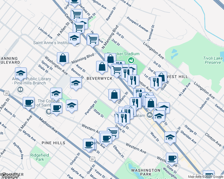 map of restaurants, bars, coffee shops, grocery stores, and more near 51 Partridge Street in Albany