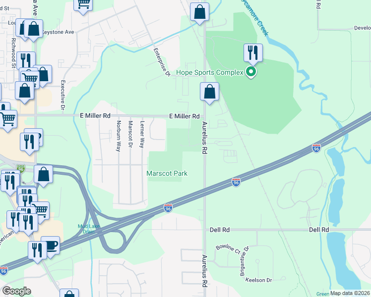map of restaurants, bars, coffee shops, grocery stores, and more near 1906 East Miller Road in Lansing