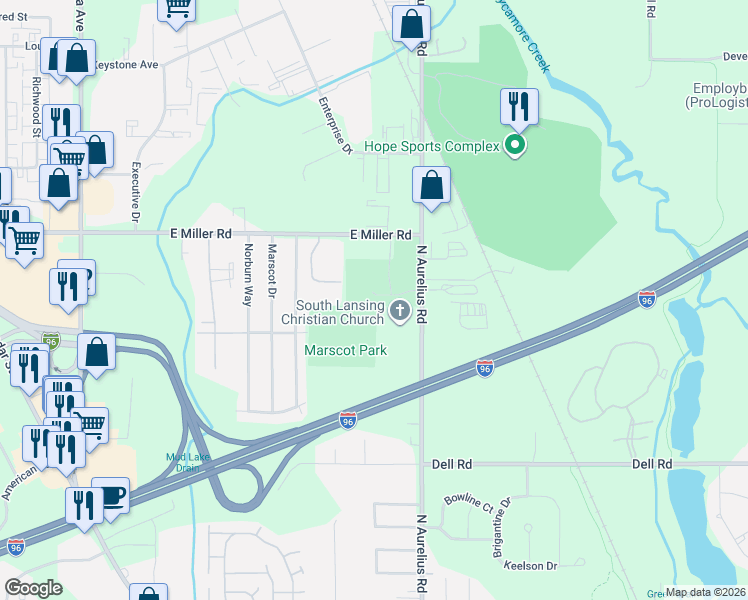 map of restaurants, bars, coffee shops, grocery stores, and more near 1906 East Miller Road in Lansing