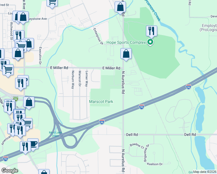map of restaurants, bars, coffee shops, grocery stores, and more near 1906 East Miller Road in Lansing