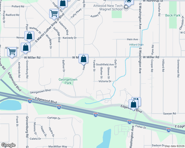 map of restaurants, bars, coffee shops, grocery stores, and more near 6226 Yunker Street in Lansing