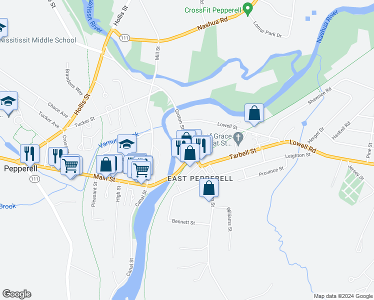 map of restaurants, bars, coffee shops, grocery stores, and more near 49 Groton Street in Pepperell