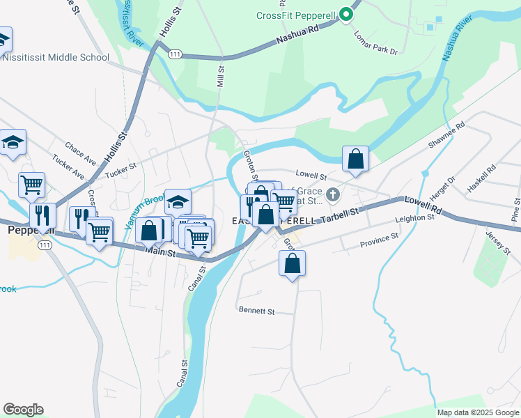 map of restaurants, bars, coffee shops, grocery stores, and more near 49-53 Groton Street in Pepperell