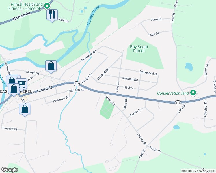 map of restaurants, bars, coffee shops, grocery stores, and more near 11 Haskell Road in Pepperell