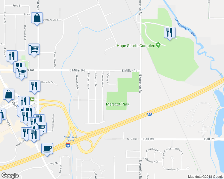 map of restaurants, bars, coffee shops, grocery stores, and more near 1727 Maisonette Drive in Lansing