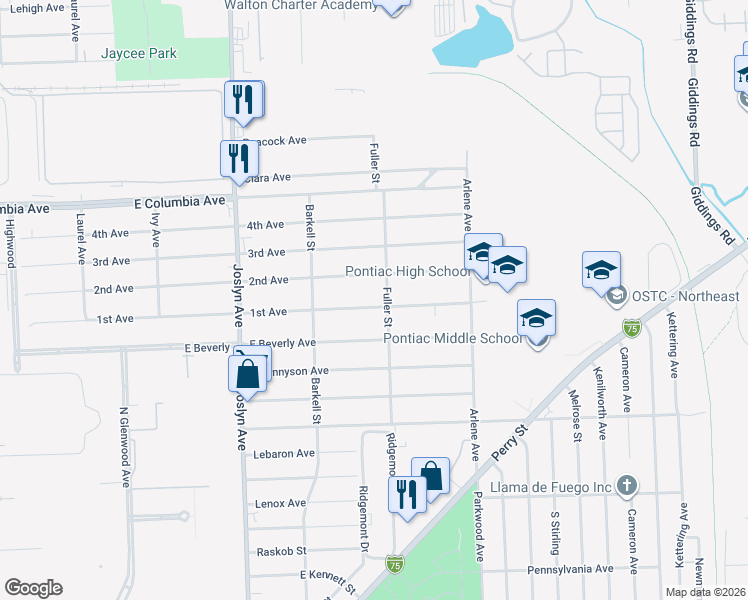 map of restaurants, bars, coffee shops, grocery stores, and more near 705 1st Avenue in Pontiac