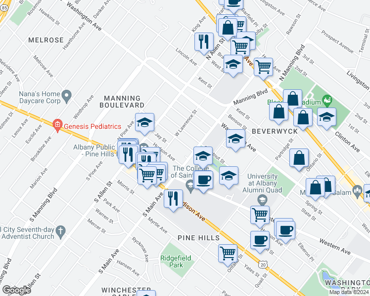 map of restaurants, bars, coffee shops, grocery stores, and more near 796 Chestnut Street in Albany
