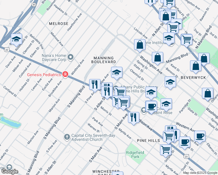 map of restaurants, bars, coffee shops, grocery stores, and more near 21 North Pine Avenue in Albany