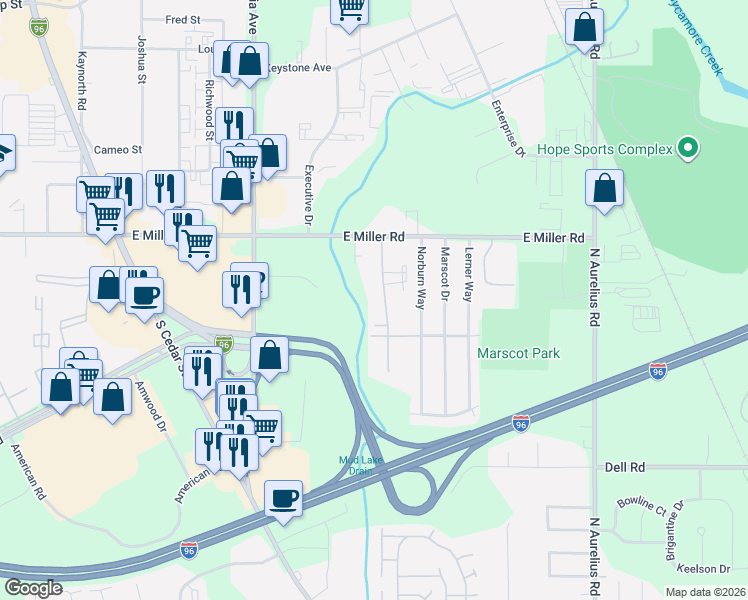 map of restaurants, bars, coffee shops, grocery stores, and more near 6200 Beechfield Drive in Lansing