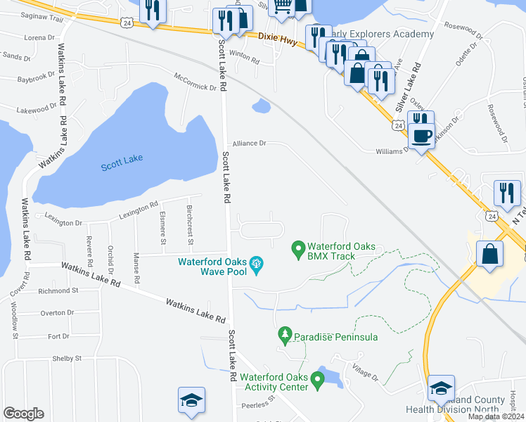 map of restaurants, bars, coffee shops, grocery stores, and more near 1822 Colonial Village Way in Waterford Township