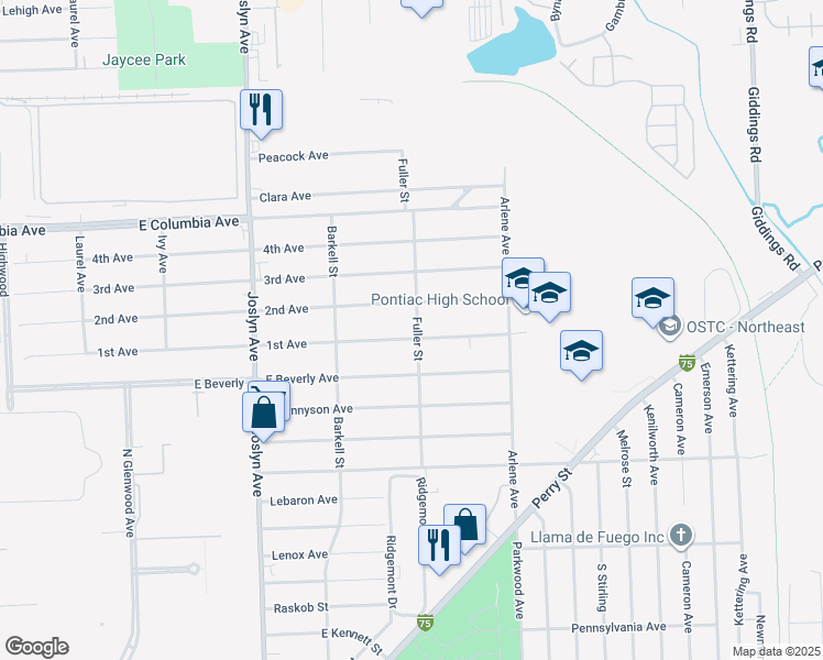 map of restaurants, bars, coffee shops, grocery stores, and more near 705 1st Avenue in Pontiac