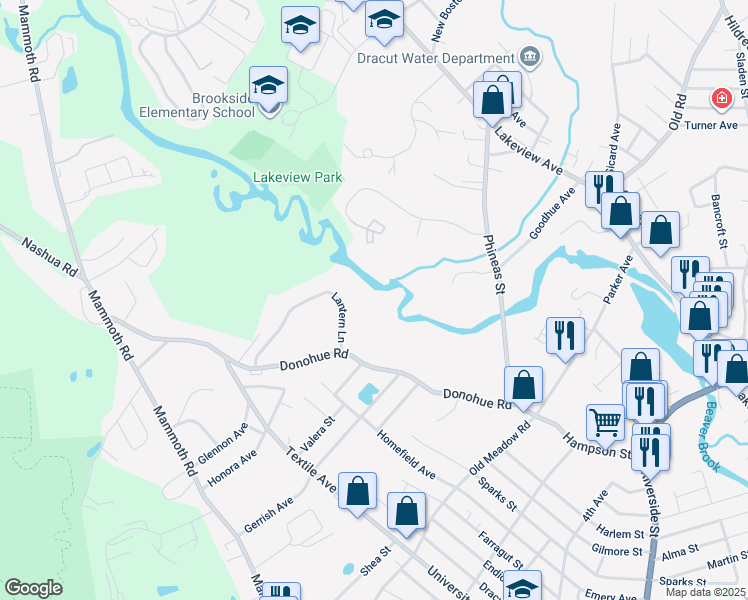 map of restaurants, bars, coffee shops, grocery stores, and more near 23 Lantern Lane in Dracut