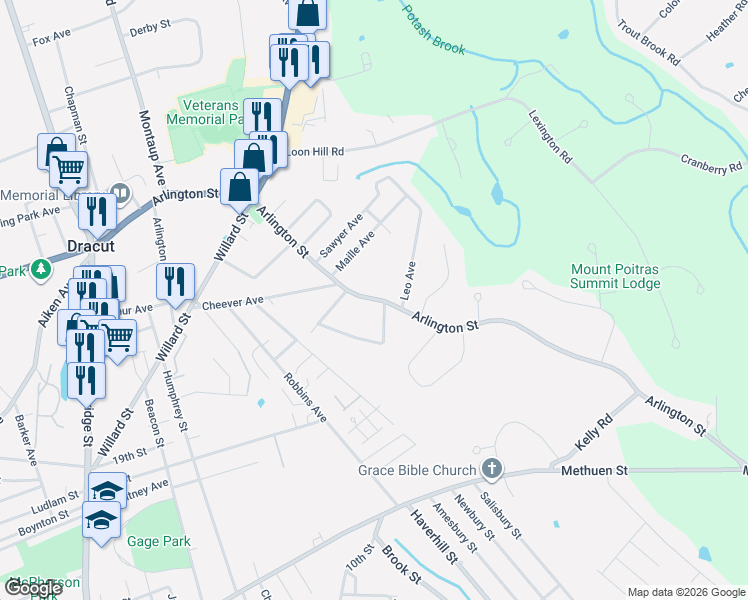 map of restaurants, bars, coffee shops, grocery stores, and more near 306 Arlington Street in Dracut