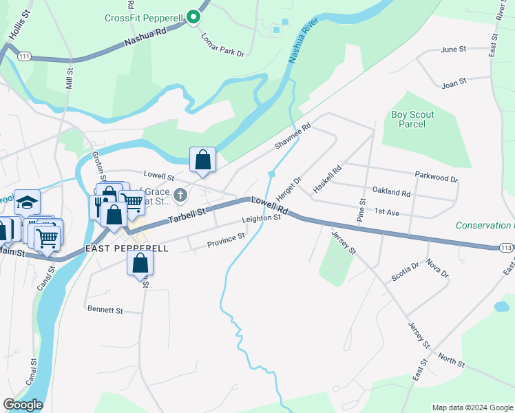 map of restaurants, bars, coffee shops, grocery stores, and more near 35 Lowell Road in Pepperell