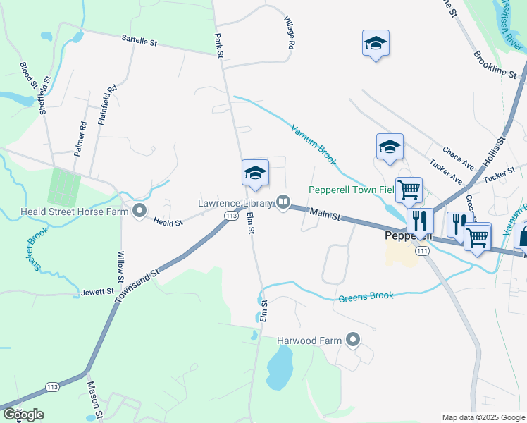 map of restaurants, bars, coffee shops, grocery stores, and more near 11 Main Street in Pepperell