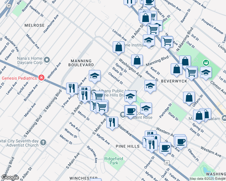 map of restaurants, bars, coffee shops, grocery stores, and more near 814 Lancaster Street in Albany